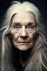 Generative AI illustration close up portrait of serious expression old woman with while long hair, natural light, sharp, detailed face, magazine, press, photo