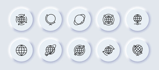 Globe neomorphic line icons set. Geography, around the world, lesson, traveler, hike, tourist, tourism, vacation, vacation, ticket, plane, turnover. travel concept. Vector neomorphic line icons