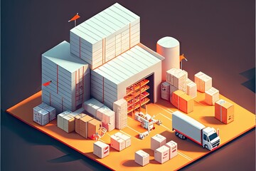 Generative AI illustration of logistic warehouse concept. There is truck and goods in boxes in the illustration.