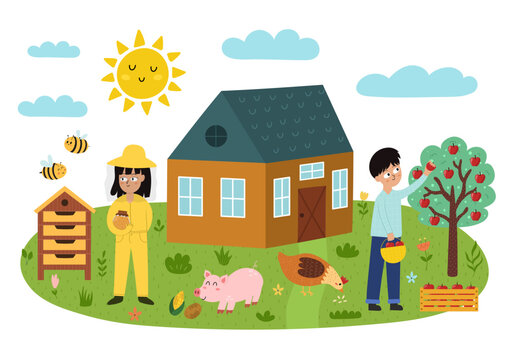 Farm landscape in cartoon style with a house, boy picking up apples, girl beekeeper and pig. Summer green meadow print isolated on white. Outdoor garden background. Vector illustration