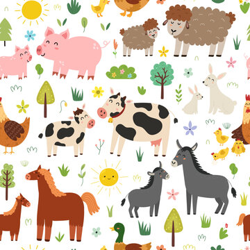 Mother and baby animals seamless pattern. Farm characters moms with their babies. Cow, pig, sheep, horse, chicken, donkey families in cartoon style. Vector illustration