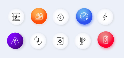 Energy flat icons set. Electricity, temperature, water, power plant, battery, nuclear power, recyclable, fuel, tank, plant. infrastructure concept. Vector flat line icons set