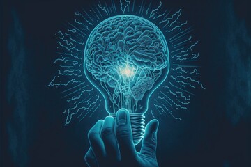 Generative AI illustration of hand holding virtual lightbulb with brain on dark blue background for creative and smart thinking idea concept. new idea, innovation and inspiration, creativity
