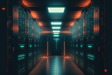 Generative AI illustration of dark servers data center room with computers and storage systems and glowing elements