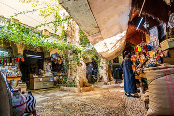 Green courtyard with shops with traditional Moroccan products in Fes,  Africa