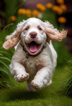 Clumber Spaniel puppy, happy in the garden, Generative AI