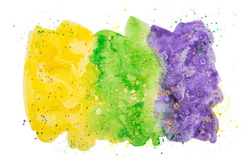 Watercolor background for Mardi Gras party. Fat Tuesday Holiday. Celebration greeting card. Purple, yellow and green colours with gold sequins.
