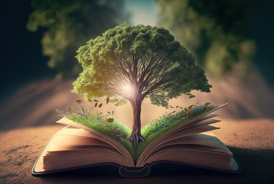 book opened on ground with tree pop out from the page, reduce and recycle paper usage for reserve tree and forest, Generative Ai