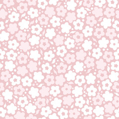 Seamless vector repeat pattern with pink background, featuring tiny Spring flowers and leaves, in white and light pink. 