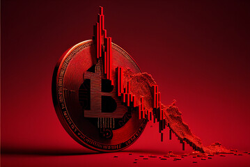 Bitcoin price crash in front of a red background of the graph. Bitcoin price chart. Bitcoin is red. Generative AI.