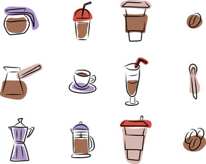 Coffee set, sketch with color spots, vector.
Coffee set, sketch with color spots, vector. Hand drawn sketch with color spots. Cups, cup and spoon, cezve, french press, coffee makers, coffee beans.