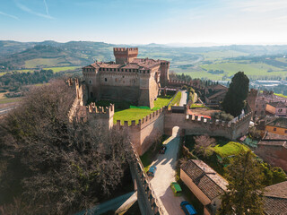 Italy, February 2023: aerial view of the medieval village of Gradara in the Province of Pesaro Urbino in the Marche region - obrazy, fototapety, plakaty