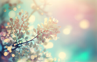 Spring nature banner with grass, flowers and bokeh glow in sunny day. Created with Generative AI technology.