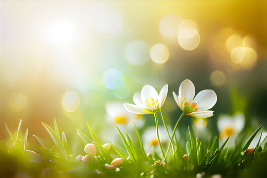 Spring nature banner with grass, flowers and bokeh glow in sunny day. Created with Generative AI technology.