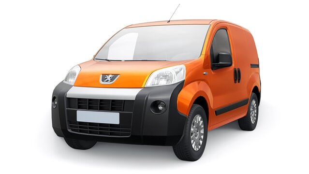 Paris, France. February 1, 2023. Orange Peugeot Bipper on a white background. A small commercial car-based delivery van for the narrow streets of old towns. Courier delivery of orders. 3d rendering