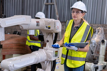 Maintenance shop engineer commissioning and operate robot arm after programming smile portrait