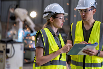 In robotic training center instructor check instruction manual with girl engineer how to operate