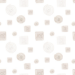 Watercolor seamless pattern from hand painted illustration of abstract elements. Brown square and round ornaments in Egyptian style. Print on white background for interior, fabric textile, packaging