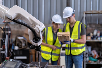 In robotic training center instructor teaching girl engineer how to operate and program robot arm