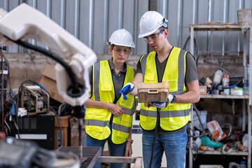 In robotic training center instructor teaching girl engineer how to operate and program robot arm