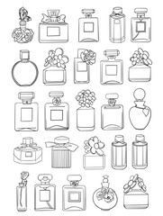 Perfume bottle vector pattern, linear black and white sketch, beautiful vintage glass