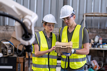 In robotic training center instructor teaching girl engineer how to operate and program robot arm