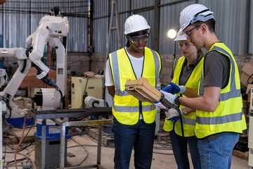 In robotic training center instructor teaching girl engineer how to operate and program robot arm