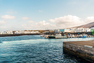 Obraz premium Port view in Orzola, taken from the ferry, Canary Island, Spain, Africa