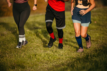 Fototapeta premium Young athletic people participate in marathon race on the mountain. Focus on the legs and bottom part of the body