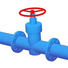 Red valve on the main gas pipeline. Industrial faucet for water, oil, gas pipes sewage. 3d render illustration