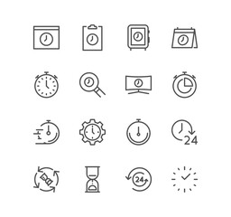 Set of time related icons, timer, speed, alarm, restore, time management, calendar and linear variety vectors.