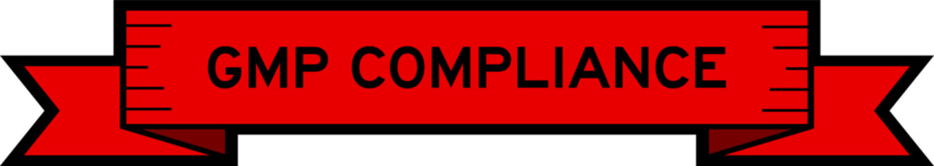 Red color ribbon label banner with word GMP (Good manufacturing practice) compliance on white background