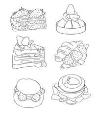Sketch desserts. Vector set. Illustration of a cake with cream. Sweet dessert sketch