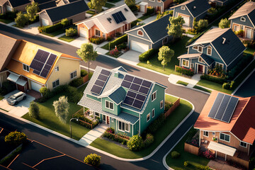 Vista aérea de urbanización de casa, ilustración casas de barrio urbanización de vecinos en un atardecer soleado, generative ai.