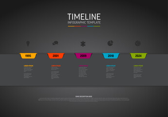 Dark Timeline template with colorful tabs icons and description - obrazy, fototapety, plakaty