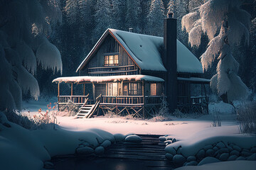house in forest in snowy weather with river