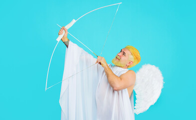 Valentines day cupid. Male angel aiming up with bow and arrow. God of love. February 14.