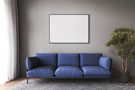Modern livingroom mockup with dark blue sofa and green plant tree. Modern rug, picture frame and empty gray wall. Luxury living room interior background. 3d rendering. High quality 3d illustration