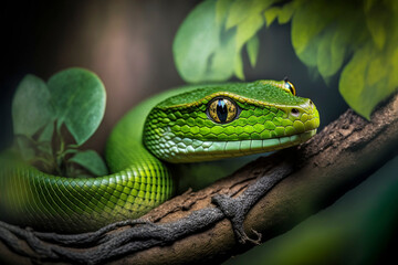Fototapeta premium Green snake on a branch. Created with generative Ai technology.