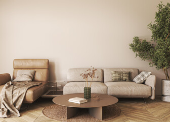 Canvas mockup in minimalist interior background with armchair and rustic decor. 3d render. High quality 3d illustration