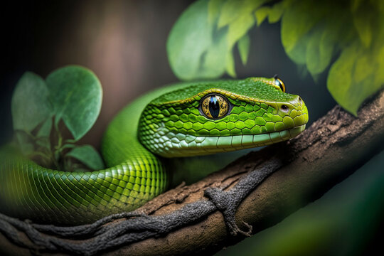 Green snake on a branch. Created with generative Ai technology.