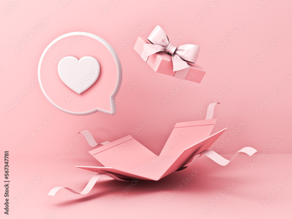 Poster blank opening present box or gift box with sweet 3d love like heart social media notification icon i