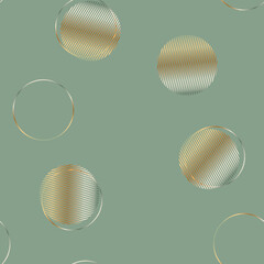 Seamless geometric vector pattern with metallic circles on light green backdrop. Silver or golden gradient shapes is perfect for gift decoration, stationery, wrapping paper, prints, cards and posters