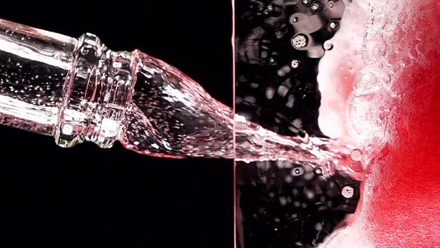 Super slow motion of clean wine glass with champagne bubbles texture filled with dry rose wine. Filmed on high speed cinema camera, 4k 1000 fps