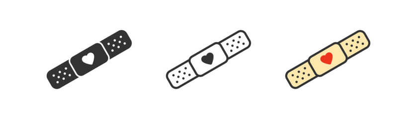 Adhesive plaster with heart icon on light background. Emergency, first aid symbol. Wound cure sign. Outline, flat, and colored style. Flat design. Vector illustration.