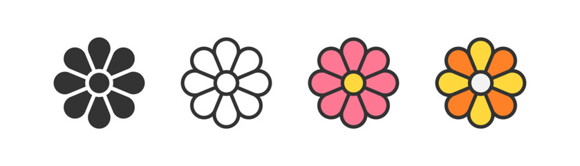 Retro flower icon on light background. Vintage hippie symbol. Hipster concept. Clipart element sign. Outline, flat, and colored style. Flat design. Vector illustration.