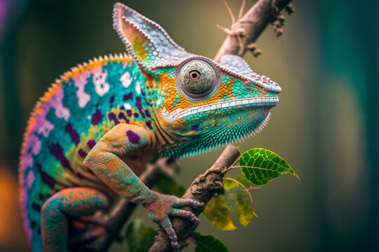 Colorful chameleon on a branch. Created with generative Ai technology.