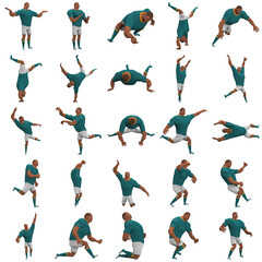 An athlete wearing a green shirt and white pants is expression of body or doing exercise. 3d rendering of cartoon character in acting.