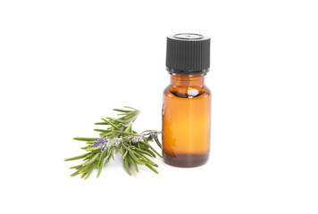 Rosemary essential oil in amber bottle with fresh rosemary plant isolated on white background