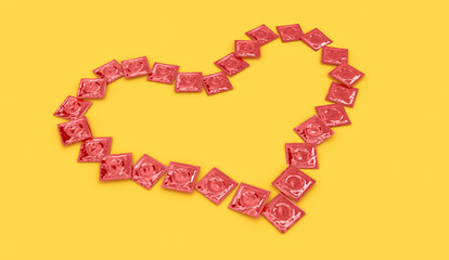 Hearth mark with condom packages. Unbranded condom pack. Brandless pack. 3D rendering. 3D